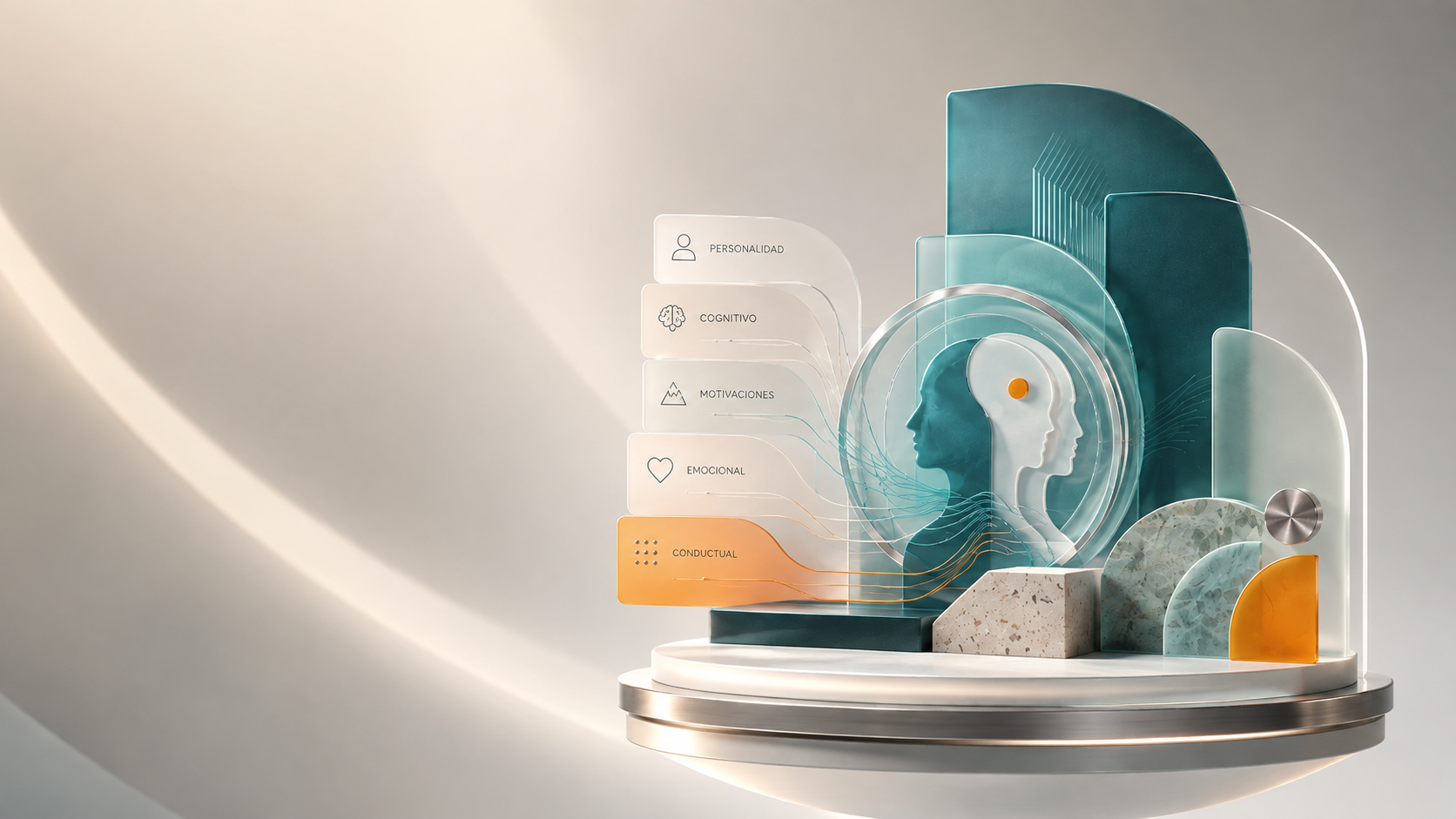 Escultura conceptual de VITA Assess con dimensiones de evaluación convergiendo en un perfil humano